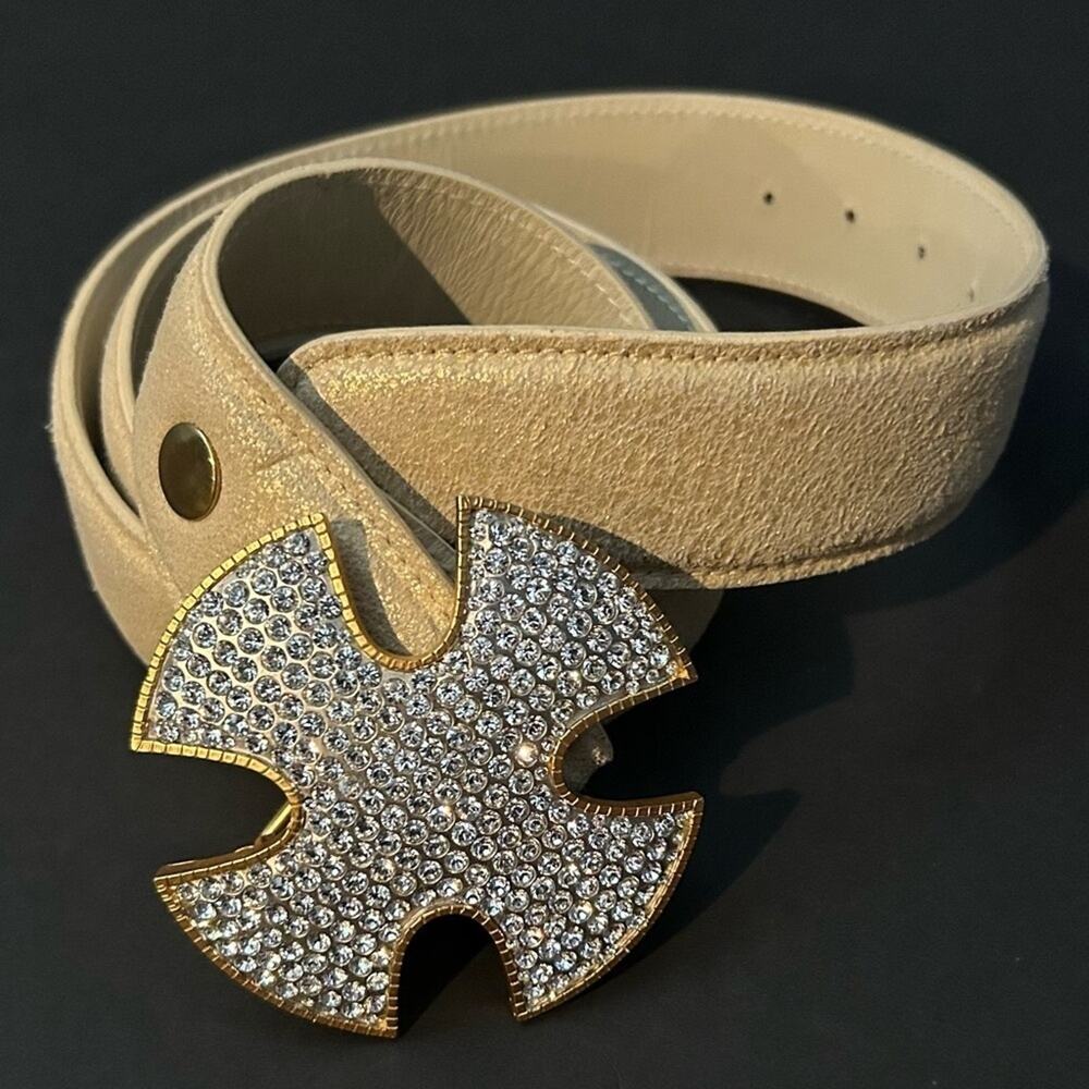 Cecelia Pale Crackled Gold Belt with Gold and Silver Rhinestone Cross Buckle
